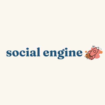 Logo for Social Engine featuring navy text and a small red rocket icon launching from the letter "e" on a light background.